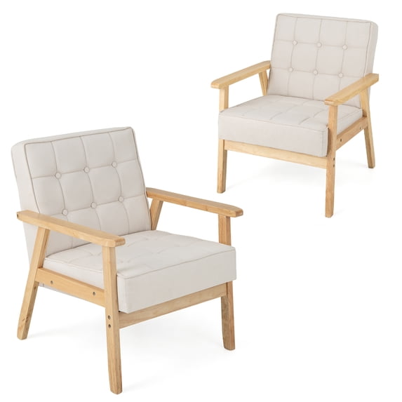 Gymax Modern Accent Chair Set of 2 Upholstered Armchair w/ Rubber Wood Armrests