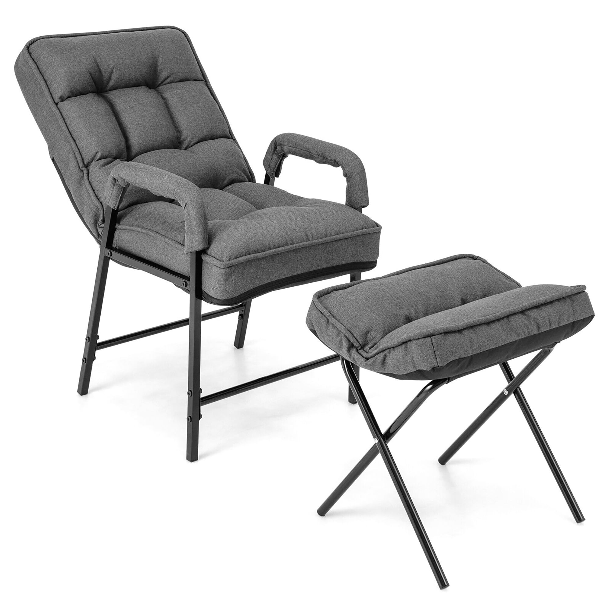 Gray Linen Fabric Recliner Accent Chair with Metal Legs and Ottoman