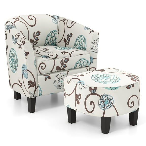 Gymax Modern Accent Tub Chair&Ottoman Set Fabric Upholstered Club Chair Grey Floral