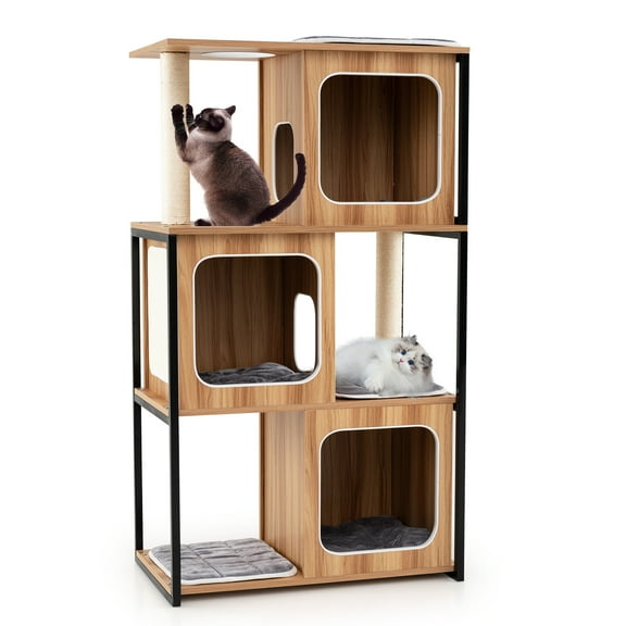 Gymax Modern Cat Tree for Indoor Kittens Cat Tower House w/ Metal Frame Large Platform