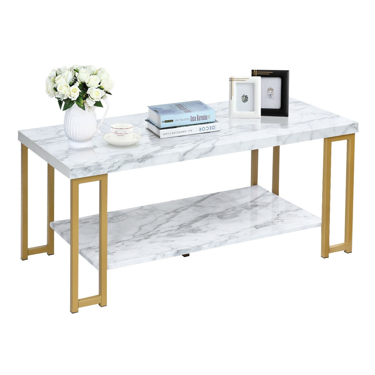 Elegant 46" Rectangular Wood and Faux Marble Coffee Table with Storage