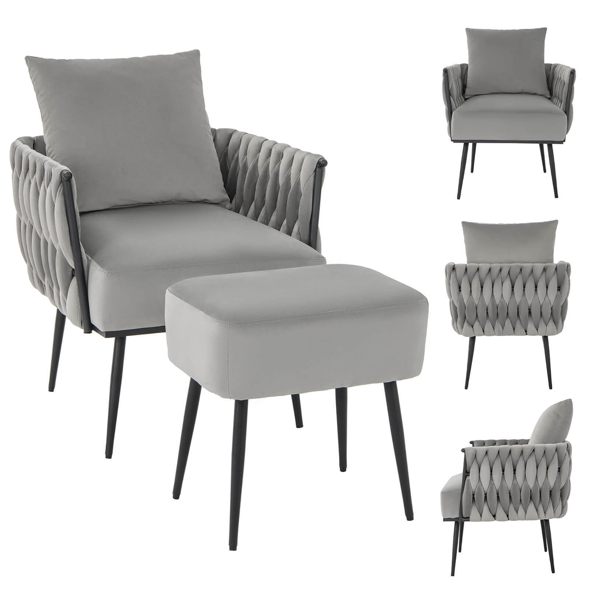 Gray Velvet Barrel Accent Chair with Metal Legs and Ottoman