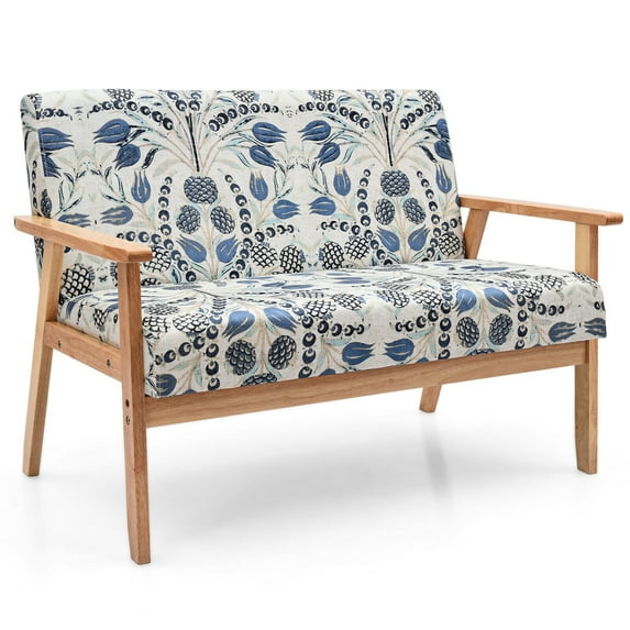 Gymax Modern Fabric Loveseat Sofa Couch Upholstered 2-Seat Wood Armchair Blue Floral