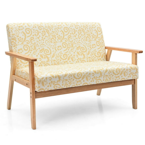 Gymax Modern Fabric Loveseat Sofa Couch Upholstered 2-Seat Wood Armchair Yellow Floral