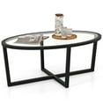 thumbnail image 1 of Gymax Modern Glass Coffee Table w/ Cross Base & Acacia Wood Legs for Small Spaces, 1 of 10