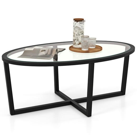 Gymax Modern Glass Coffee Table w/ Cross Base & Acacia Wood Legs for Small Spaces