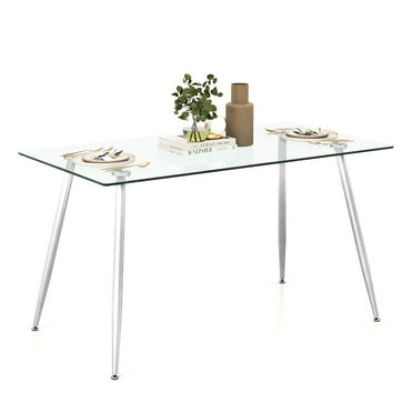 Gymax Modern Glass Dining Table Rectangular Dining Room Table W/Metal Legs For Kitchen Silver
