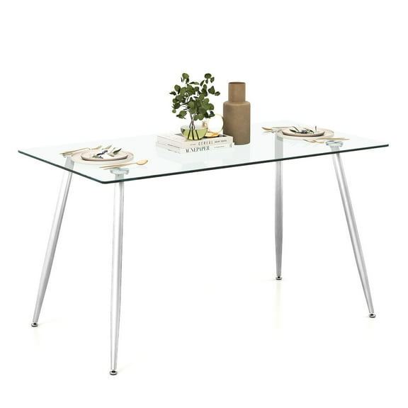 Gymax Modern Glass Dining Table Rectangular Dining Room Table W/Metal Legs For Kitchen Silver