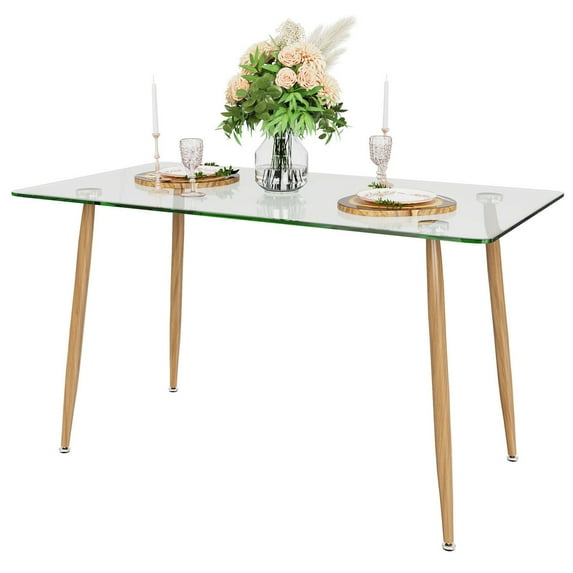 Gymax Modern Glass Dining Table Rectangular Dining Room Table W/Metal Legs For Kitchen
