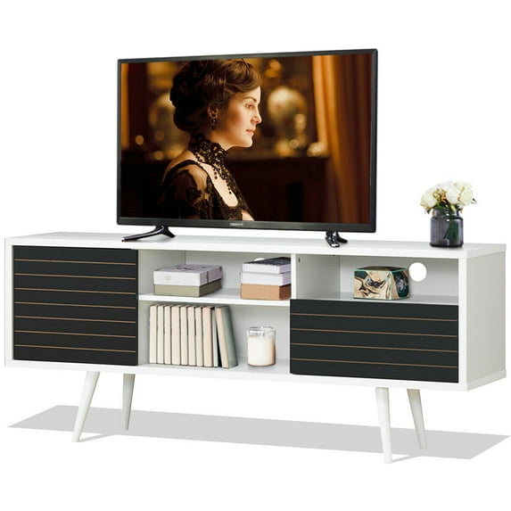 Gymax Modern TV Stand/Console Cabinet 3 Shelves Storage Drawer Splayed Leg Black/White
