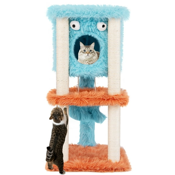 Gymax Monster-Themed Cat Tree w/ Private Condo Soft Long Plush Sisal Scratching Posts