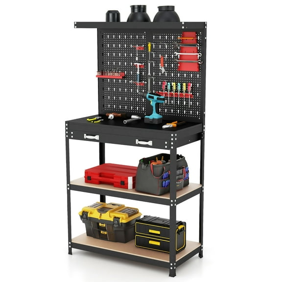 Gymax Multi-use Workbench w/ 2 Shelves Heavy-Duty Work Table Tool Storage Bench Black & Red