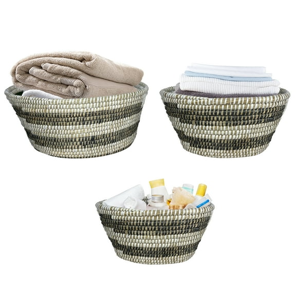 Gymax Natural Canes Grass Baskets Stackable Storage Bins Set of 3 w/ Hollowed Handles