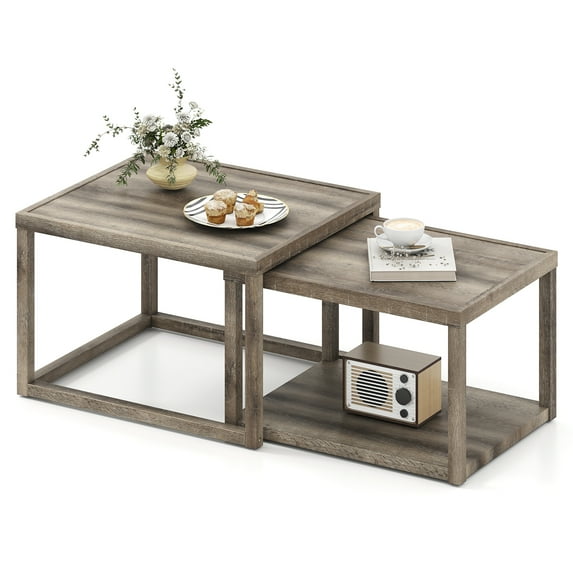 Gymax Nesting Coffee Table Set of 2 Stackable Rectangular End Tables w/ Storage Shelf