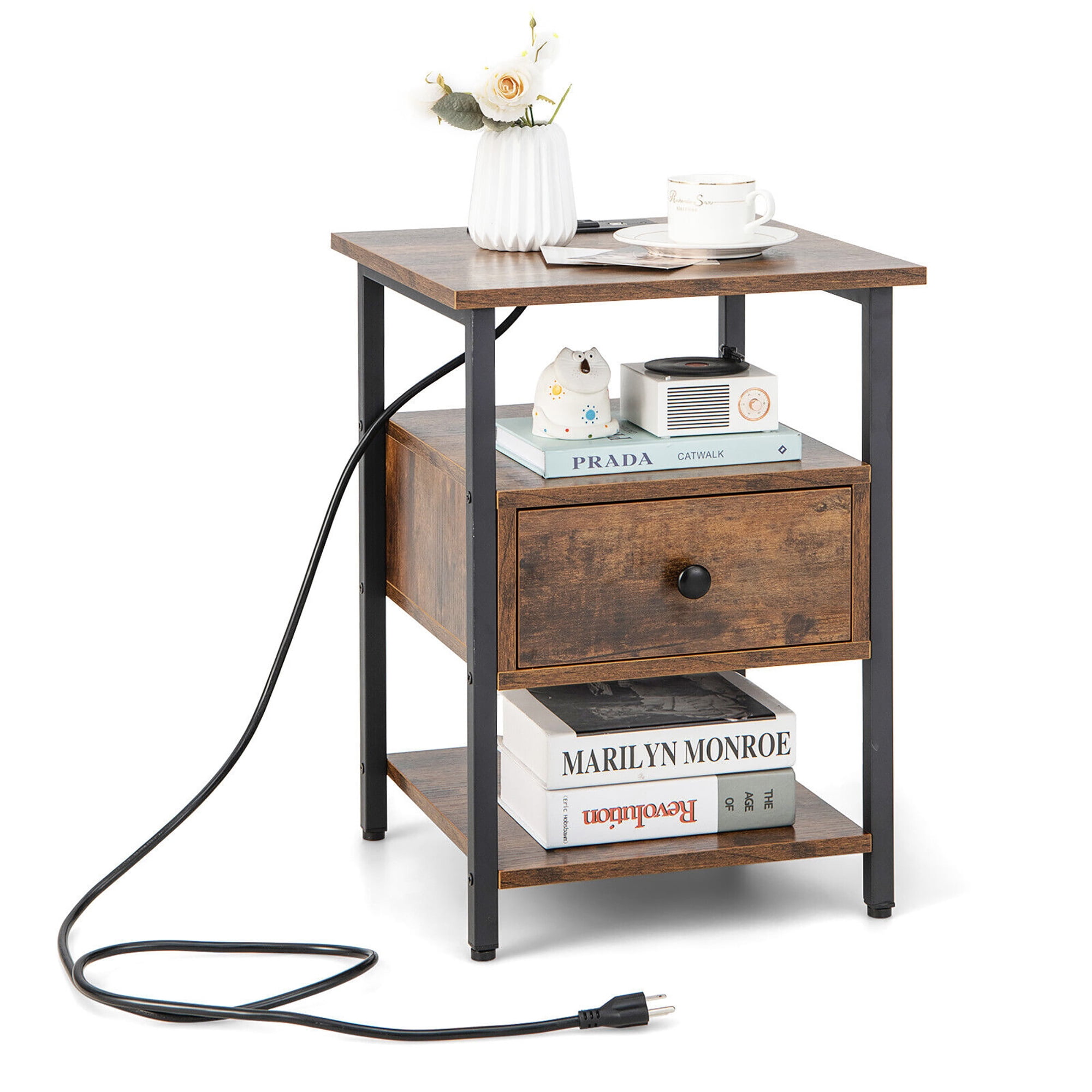 Gymax Nightstand Bedside Sofa End Table w/ Charging Station Open Shelves & Drawer