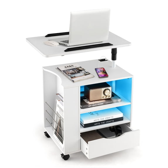 Gymax Nightstand Bedside Table Swivel Laptop Tray with Charging Station and LED Lights