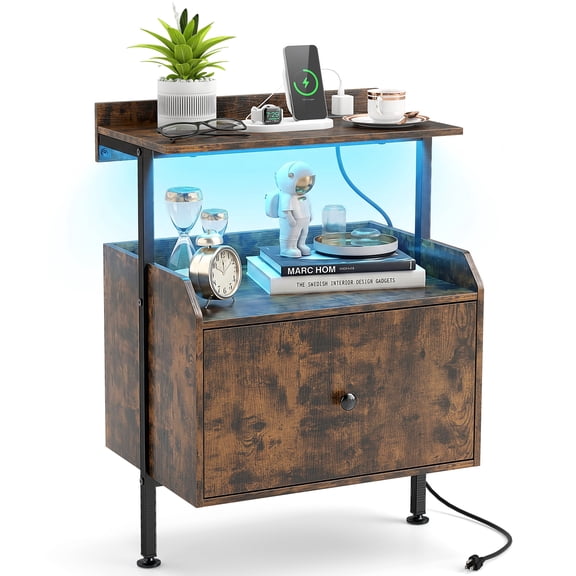 Gymax Nightstand Wall-mounted Bedside Table w/ LED Lights & Charging Station Rustic Brown & Black