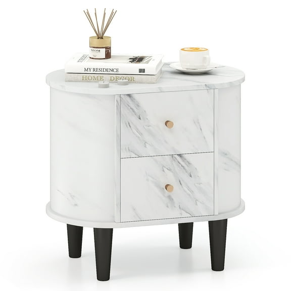 Gymax Nightstand w/ 2 Drawers Faux Marble Bedside Table for Small Space