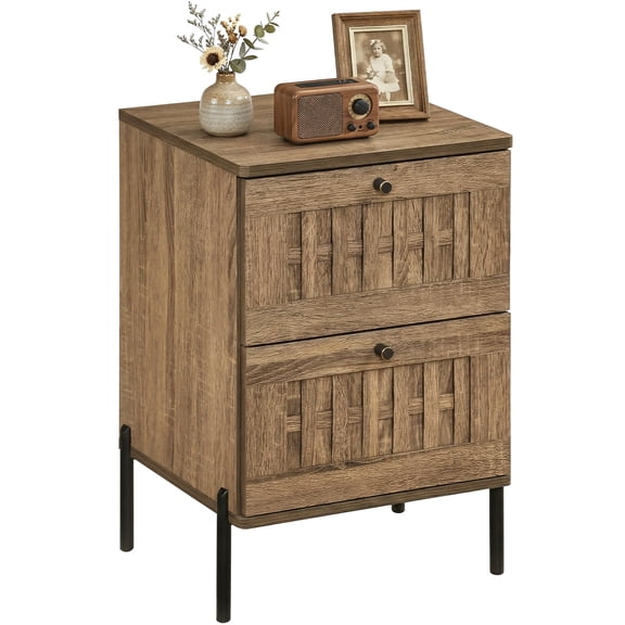Gymax Nightstand w/2 Woven Storage Drawers Metal Support Legsfor BedroomRustic Oak