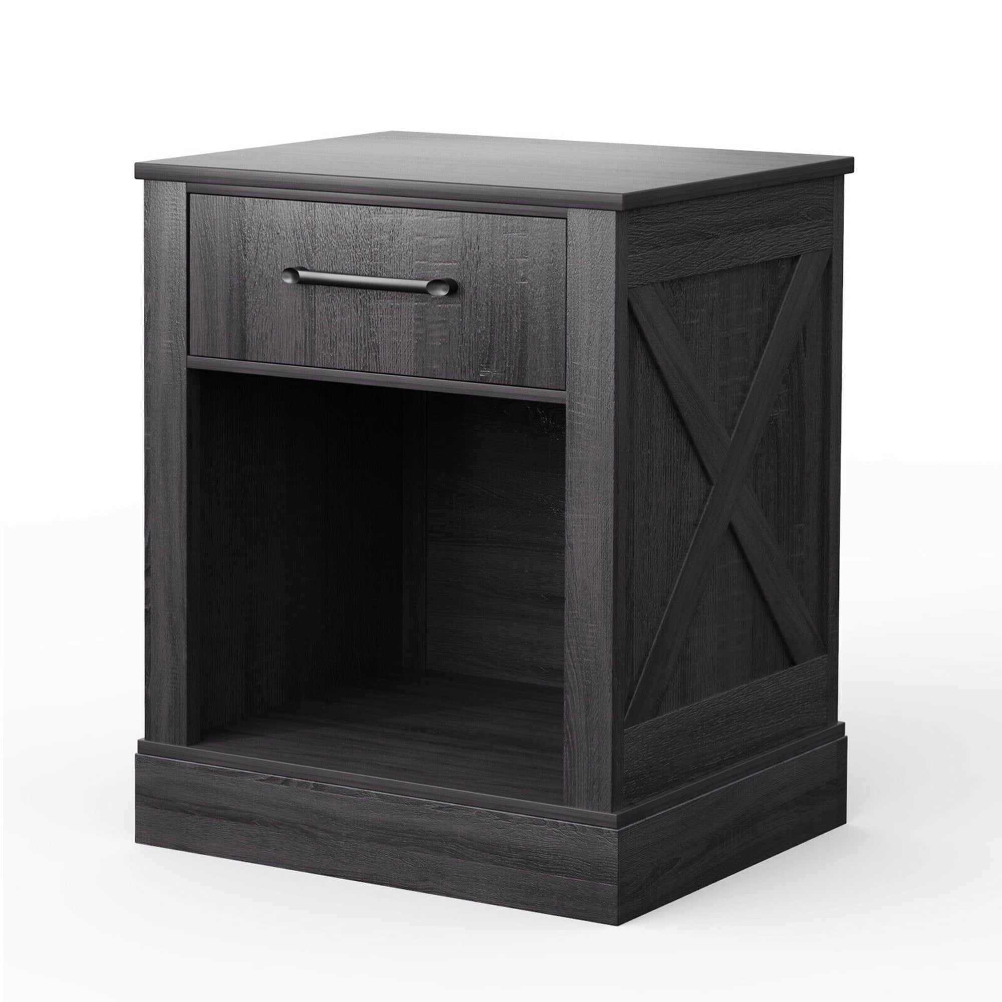Gymax Nightstand with Drawer and Shelf Rustic Wooden Bedside Table Bedroom Black