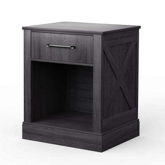 Gymax Nightstand with Drawer and Shelf Rustic Wooden Bedside Table Bedroom Black