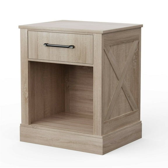 Gymax Nightstand with Drawer and Shelf Rustic Wooden Bedside Table Bedroom Natural