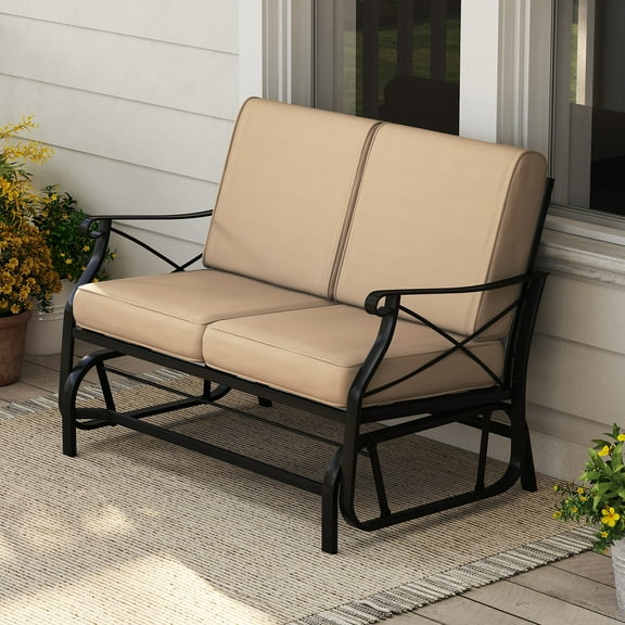 Gymax Outdoor 2-Person Glider Rocking Chair Loveseat w/Thick Cushions & Metal Frame