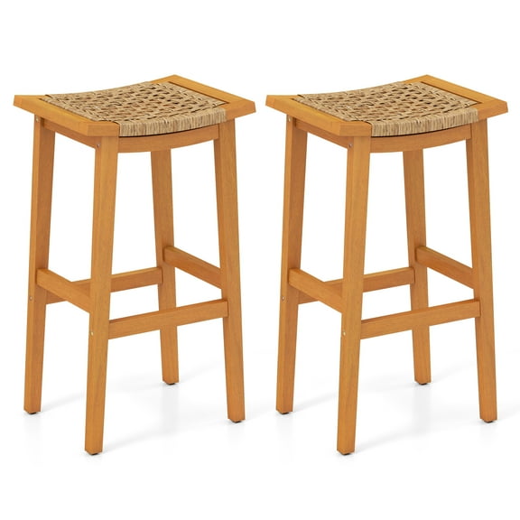 Gymax Outdoor Acacia Wood Bar Stools Set of 2 w/ PE Rattan Seats & Backrests