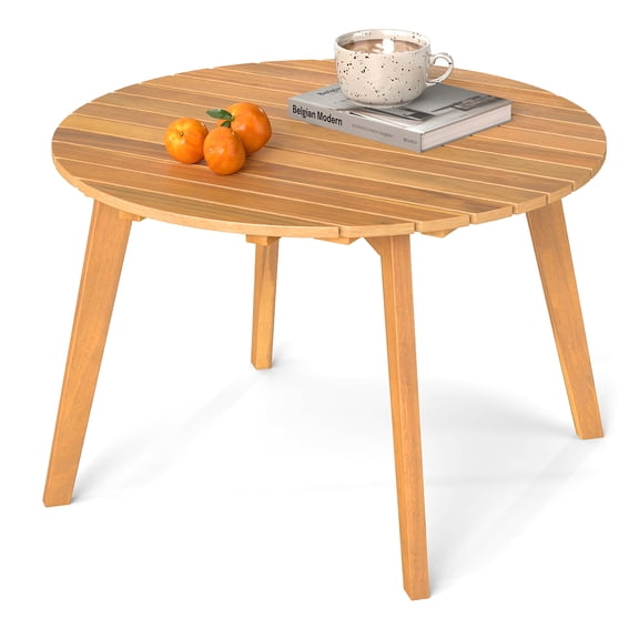 Gymax Outdoor Acacia Wood Side Table Patio 24.5'' Round End Table w/ Slatted Tabletop