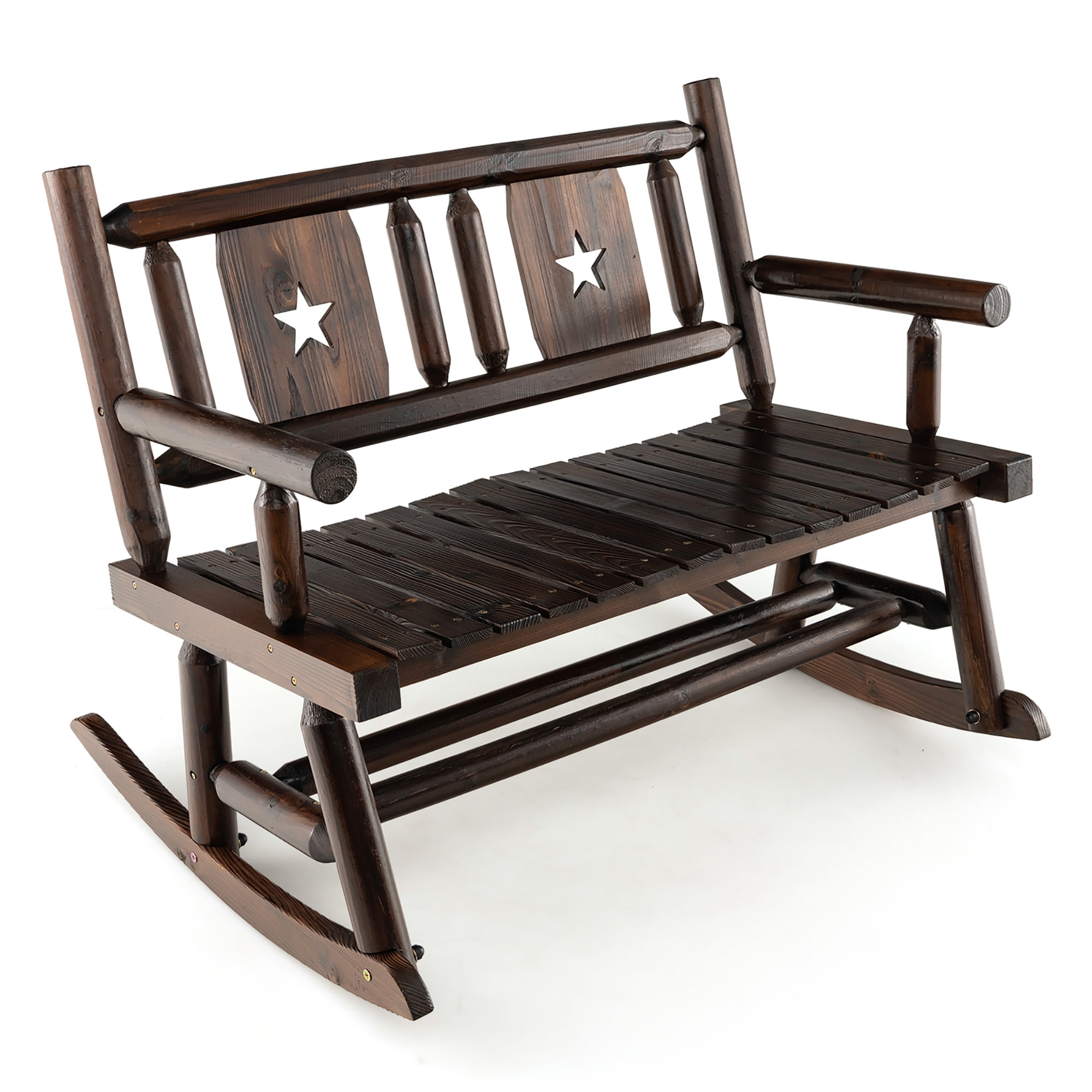 Rustic Brown Pine and Fir Wood Double Rocking Bench