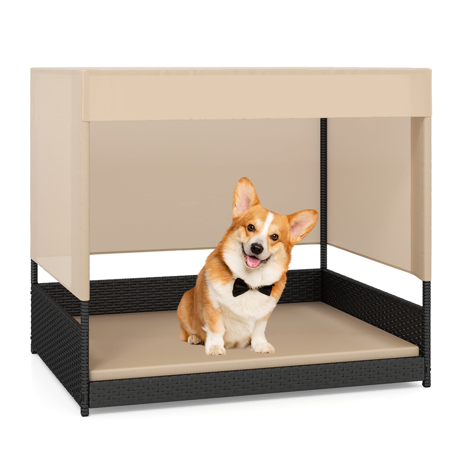 Gymax Outdoor Dog Shelter w/Cushioned Bed & Removable Sunproof Canopy Raised Legs