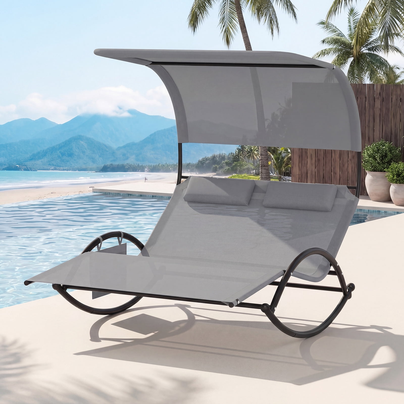 Gymax, Outdoor Double Chaise Rocker, Gray Polyester, Sun Canopy