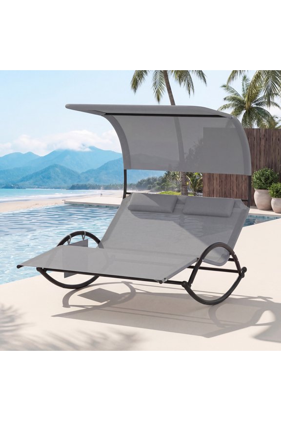 Outdoor Double Chaise Rocker Rocking Daybed Sun Lounger w/ Canopy Headrest Pillows & Side Pocket