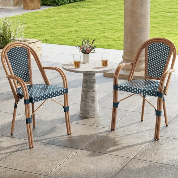 Gymax Outdoor French Bistro Chairs 2 PCS w/ Armrests Galvanized Metal Frame Blue & White