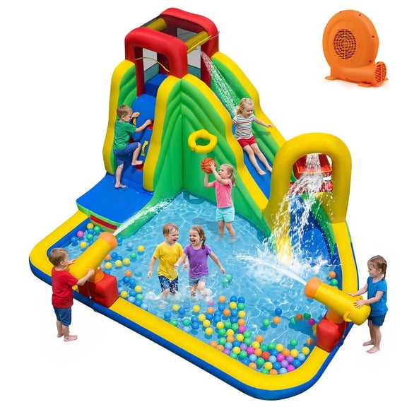 Gymax Inflatable Water Slide 6-in-1 Outdoor Water Park w/ Downpour Splash Pool Dual Water Cannons Climbing Wall Basketball Hoop 50 Ocean Balls Kids Bouncer for Backyard Party 750W Blower Included