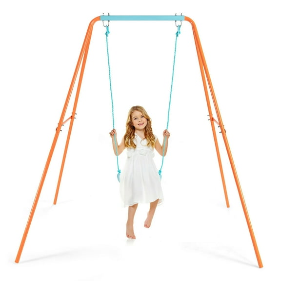 Gymax Outdoor Kids Swing Set Heavy Duty Metal A-Frame with Ground Stakes - Orange