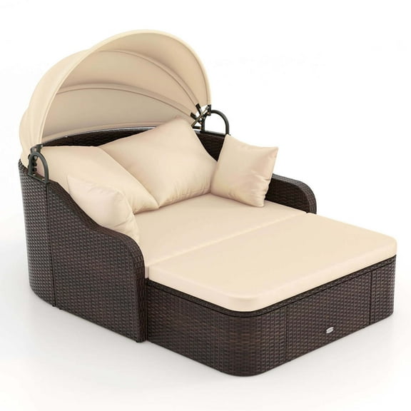 Gymax Outdoor PE Rattan Daybed w/ Retractable Canopy Soft Cushions & Extra Pillows