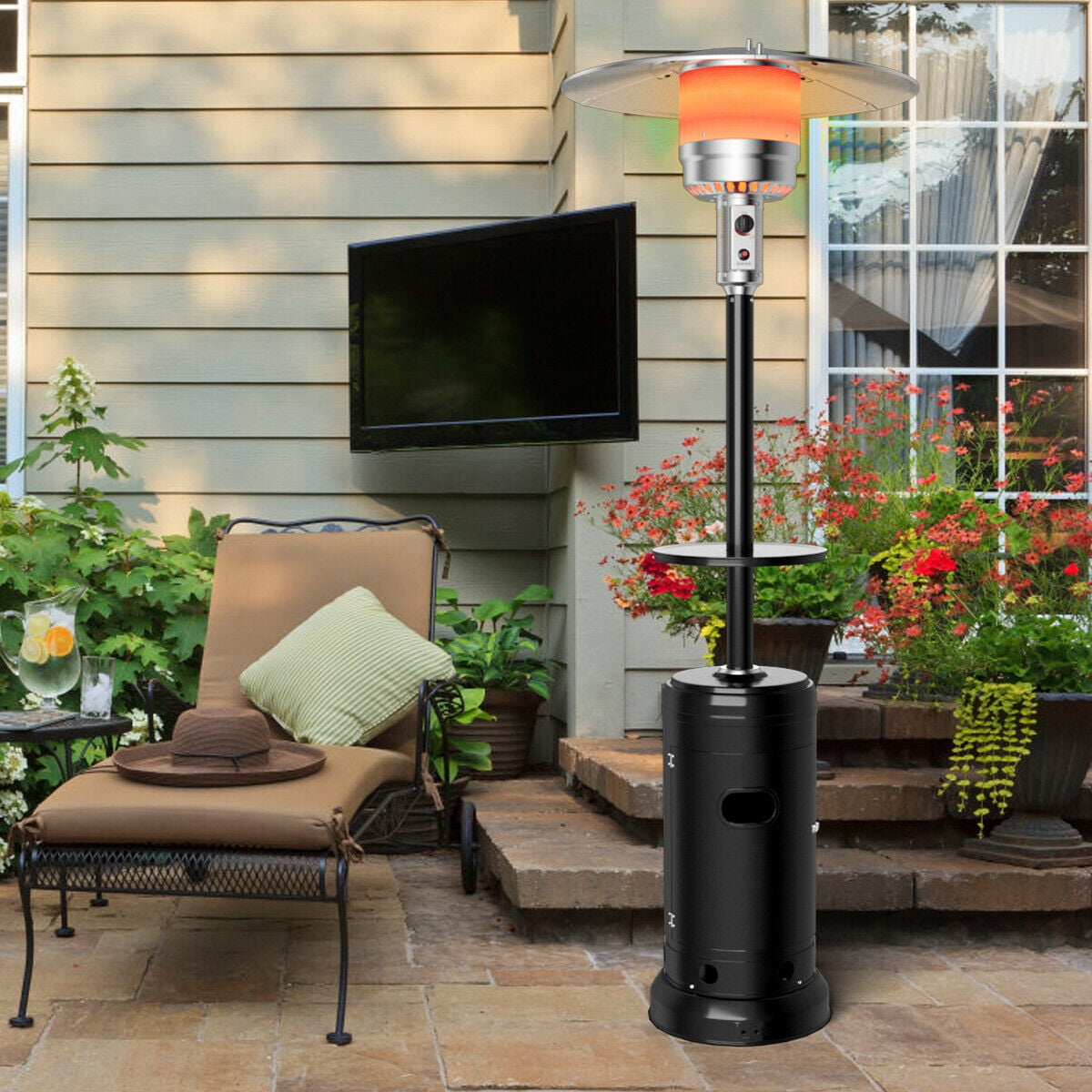 Gymax Outdoor Patio Heater Propane Standing LP Gas Steel W/Table & Wheels Black