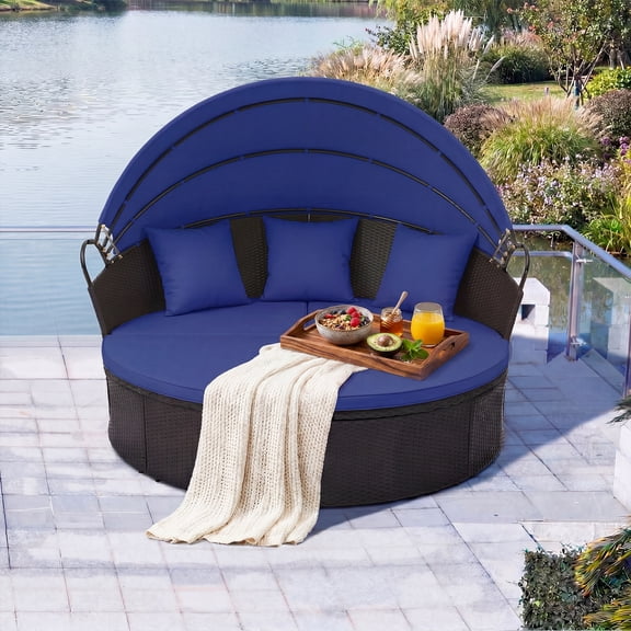 Gymax Outdoor Patio Round Daybed w/Retractable Canopy Cushions Throw Pillows for Lawn Navy
