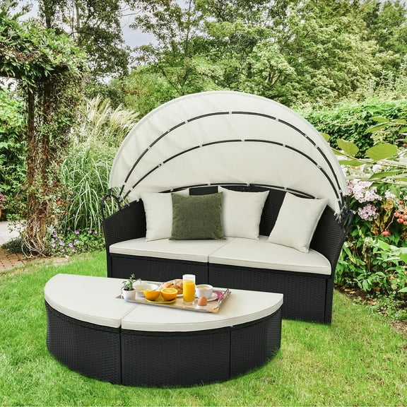Gymax Outdoor Patio Round Wicker Daybed w/ Separate Seating Sofa, Retractable Canopy, 4 Cushion 3 Pillows Black & White