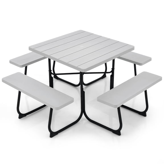 Gymax Outdoor Picnic Table 8-person Square Picnic Table Bench Set w/ 4 Benches & Umbrella Hole Grey