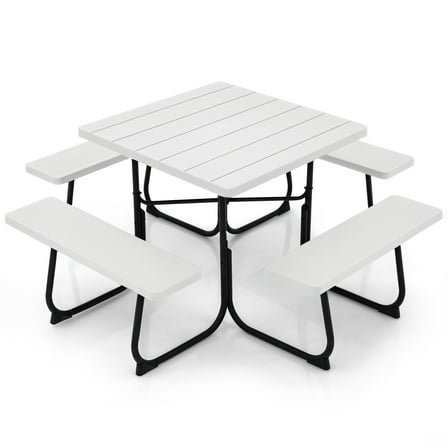Gymax Outdoor Picnic Table 8-person Square Picnic Table Bench Set w/ 4 Benches & Umbrella Hole White