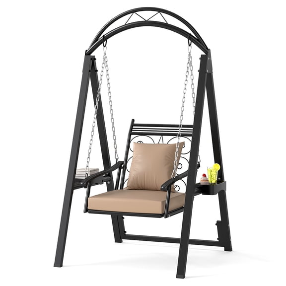 Gymax Outdoor Porch Swing w/Stand Removable Cushions Side Tables for Garden Balcony