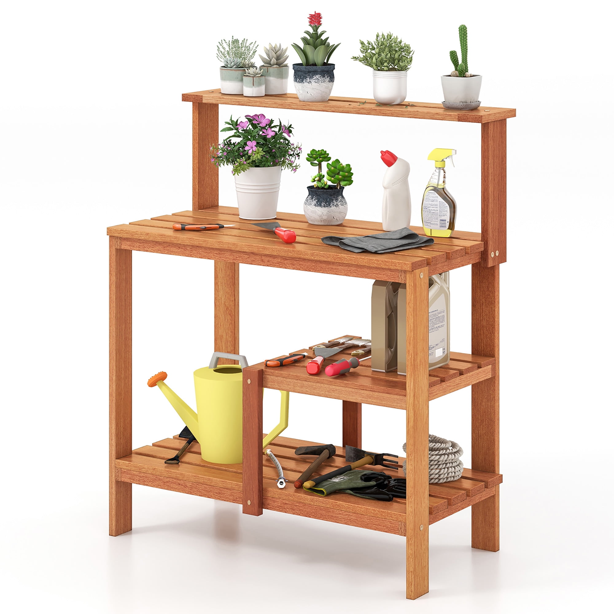 Gymax Outdoor Potting Bench Table w/Open Shelves Teak Oil Finish ...