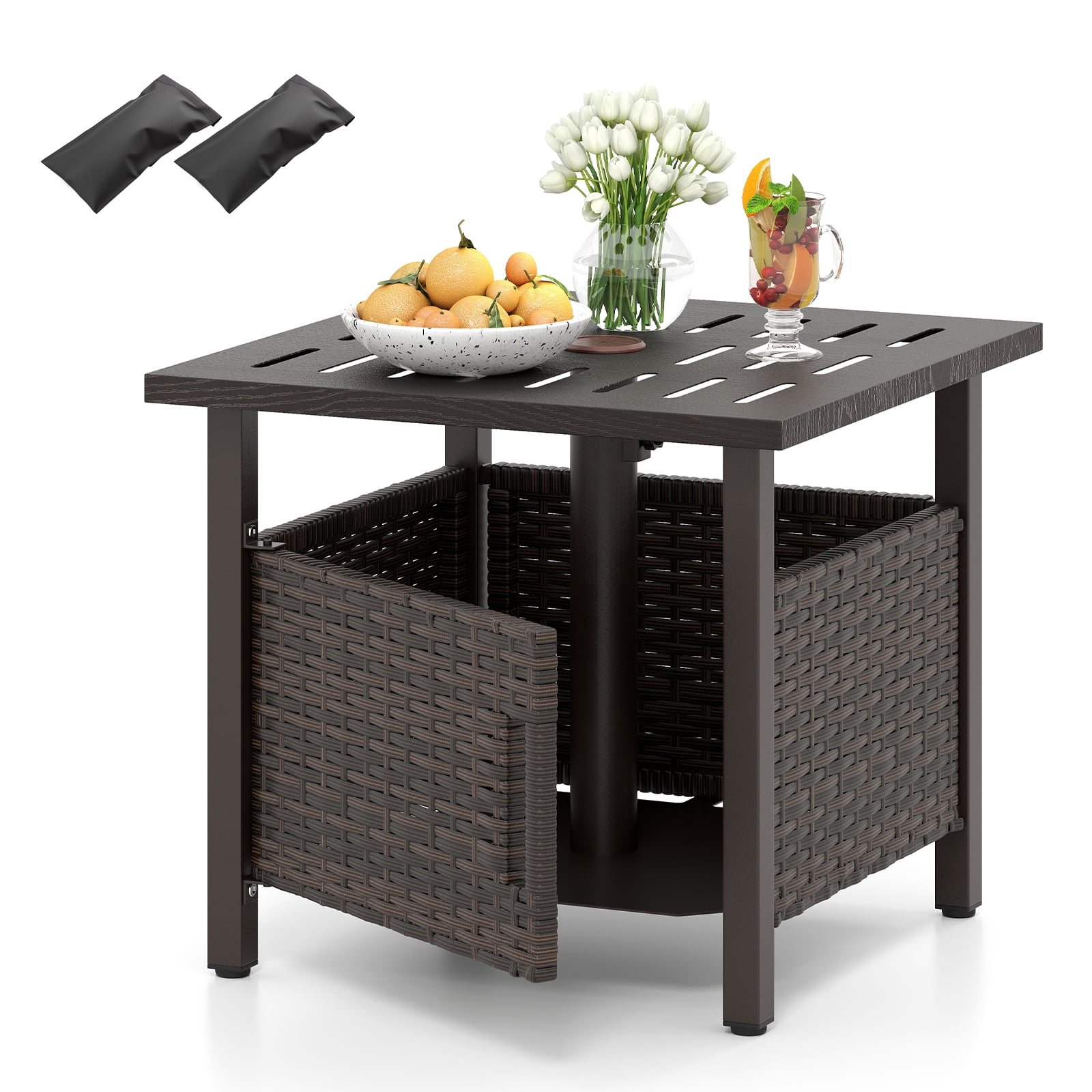 Gymax Outdoor Side Table w/ 1.93''Umbrella Hole Patio Umbrella Stand w/ 2 Sand Bags