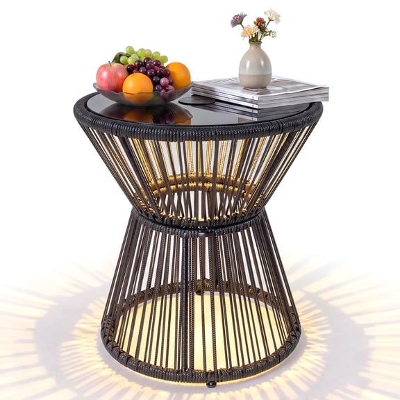 Gymax Outdoor Side Table w/ LED Warm Light PE Rattan Hourglass-Shaped End Table