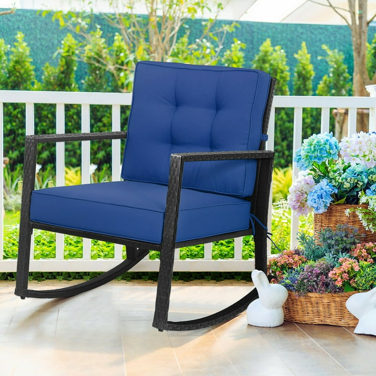 Gymax Outdoor Wicker Rocking Chair Patio Lawn Rattan Single Chair Glider w Navy Cushion