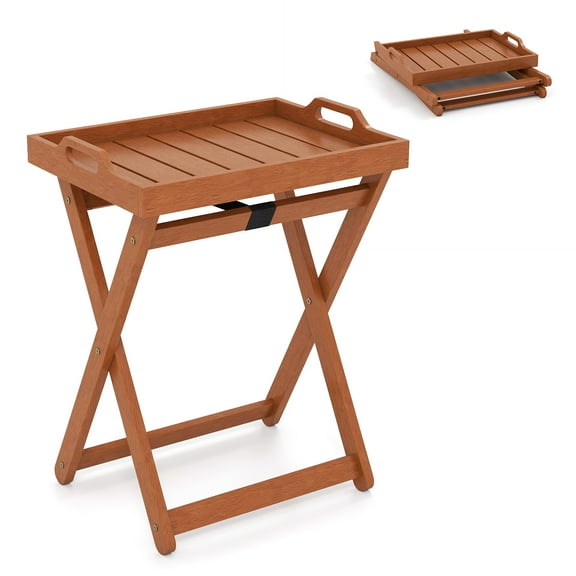 Gymax Outdoor Wood Tray Table w/Removable Serving Tray & Folding Frame for Porch