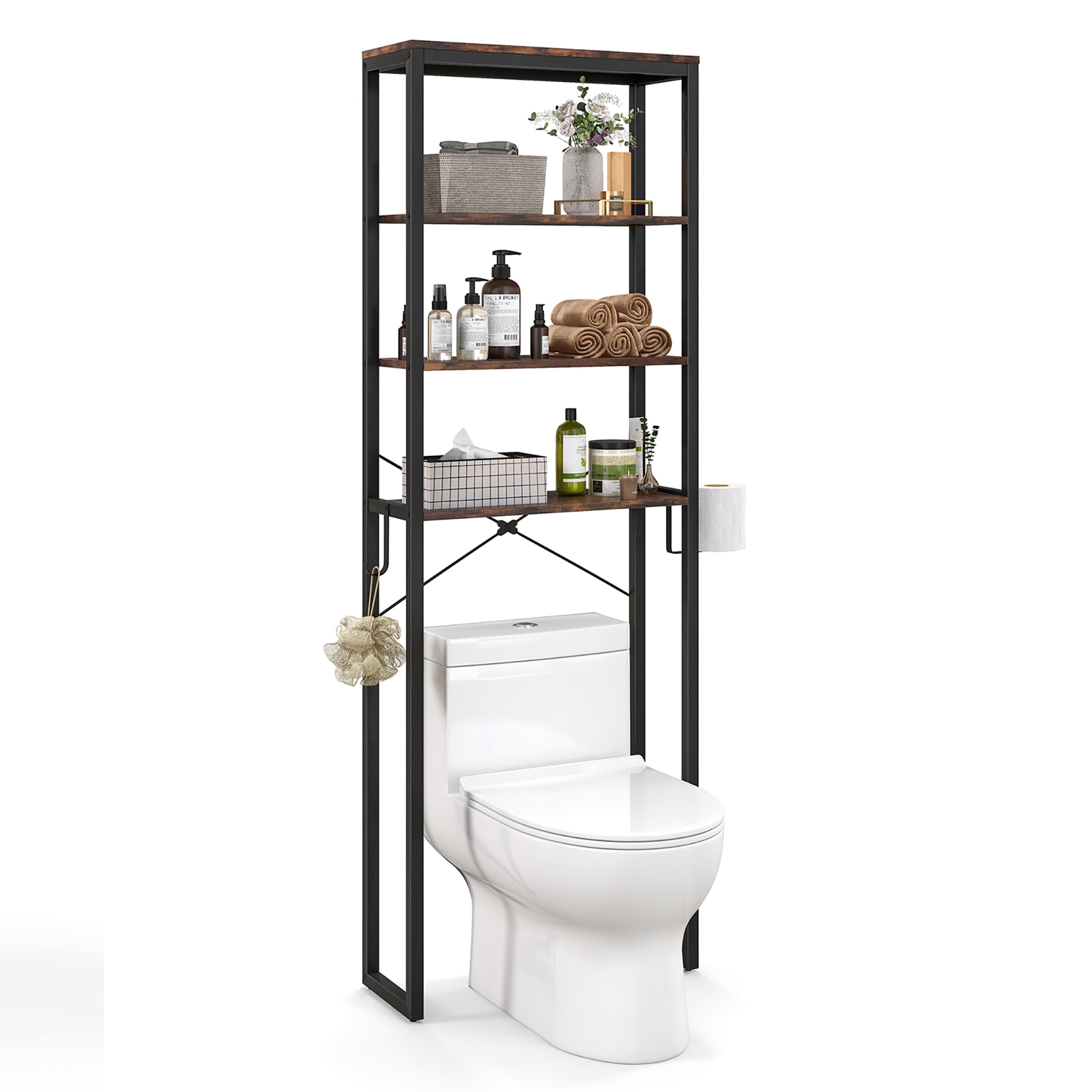 Rustic Brown 4-Tier Over-the-Toilet Storage Rack with Adjustable Feet