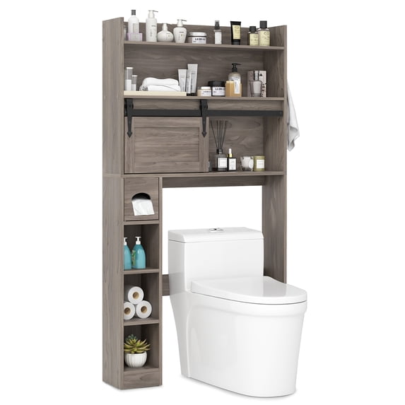 Gymax Over The Toilet Storage Cabinet w/ Sliding Barn Door Adjustable Shelves 2 Hooks Grey